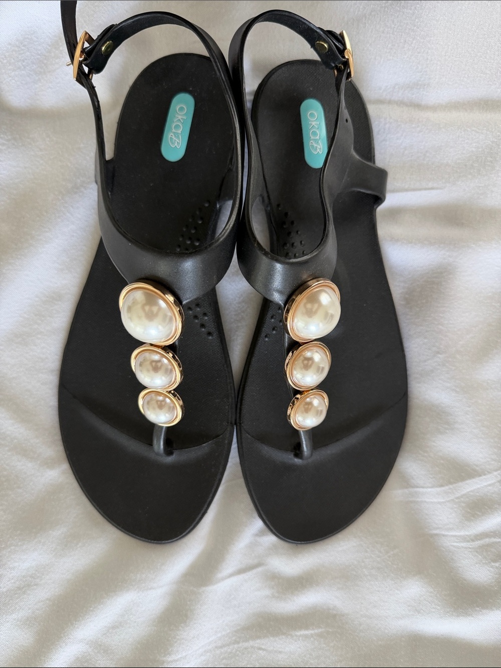 Oka-B T-Strap Sandals | Black Pearl-Embellished Women's Sandals